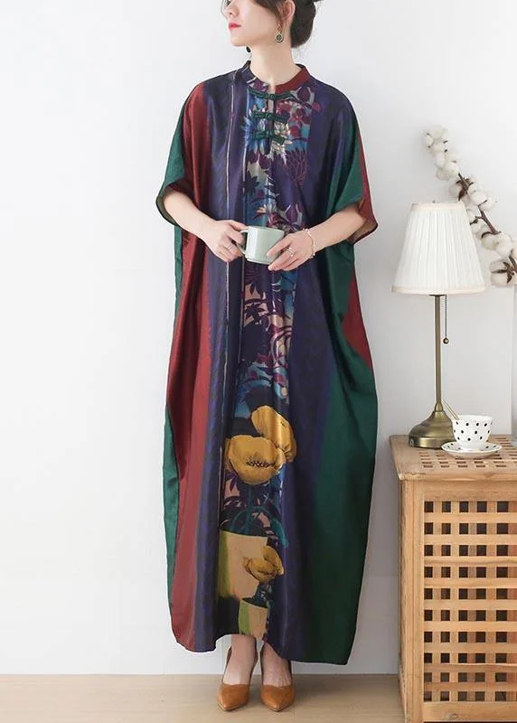 Handmade Red Purple Green Print Chiffon Dress Loose Summer Dress Short unclassified dresses
