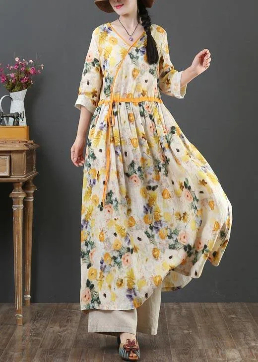 Chic Yellow Print Linen Dress V Necktie waist Summer Robe Dresses Breathable unclassified dresses Chic Yellow Print Linen Dress V Necktie waist Summer Robe Dresses Breathable unclassified dresses