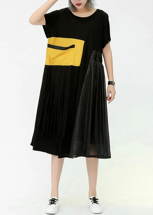 Elegant o neck patchwork pockets cotton Women Outfits yellow Dress summer Spring unclassified dresses
