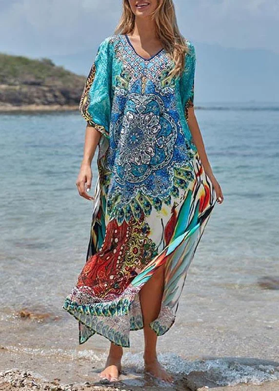 Elegant Blue Print Cotton V Neck Beach Gown Ankle Dress Ruffled unclassified dresses