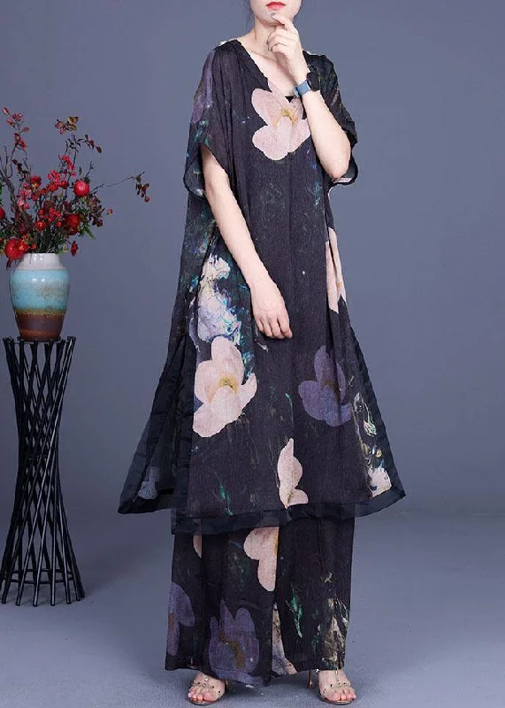 Diy Black Print Silk Side Open Wide Leg Two Pieces Set Holiday unclassified dresses