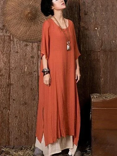 Vivid o neck side open linen summerdresses Outfits orange Dresses Office unclassified dresses