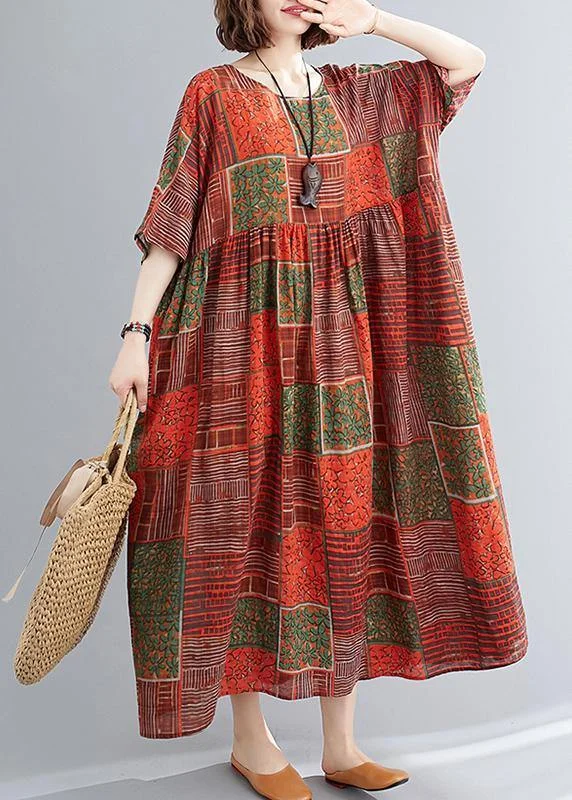 DIY orange red print cotton linen clothes o neck Extra large hem cotton robes Dresses Luxury unclassified dresses