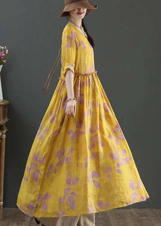 Natural Yellow Print Linen Cinched Summer Dress Soft fabric unclassified dresses