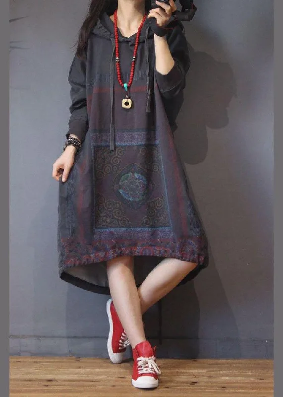 Vintage Grey Print Cotton hooded Summer Dress Petite unclassified dresses