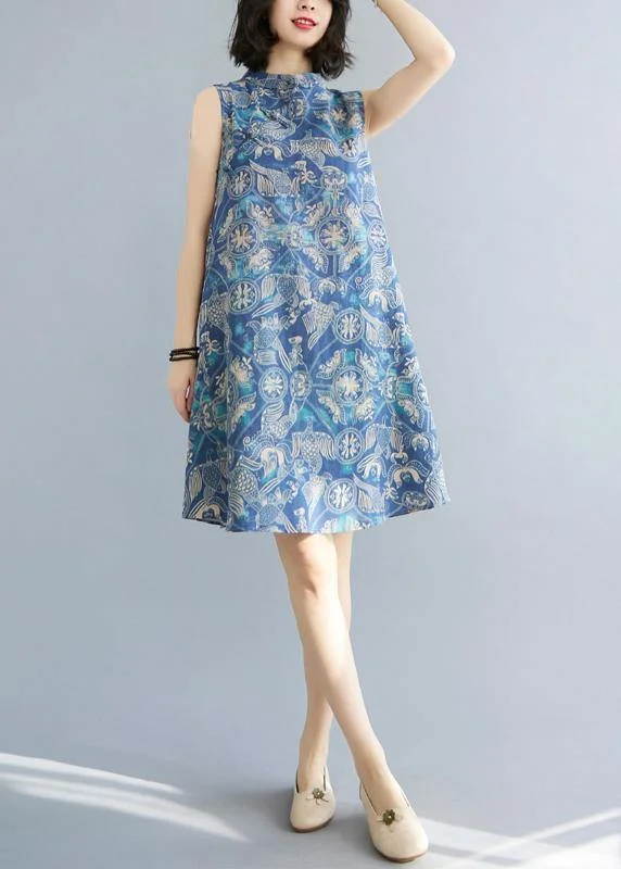 Loose Blue Print Oriental Summer Cotton Dress Beach unclassified dresses